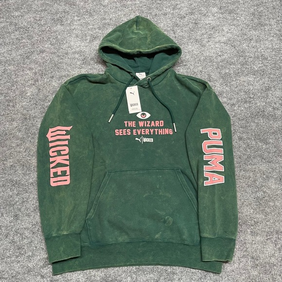 Puma Tops - PUMA x WICKED Hoodie Womens Large Dark Myrtle Green Pink Oz Sweatshirt Acid Wash